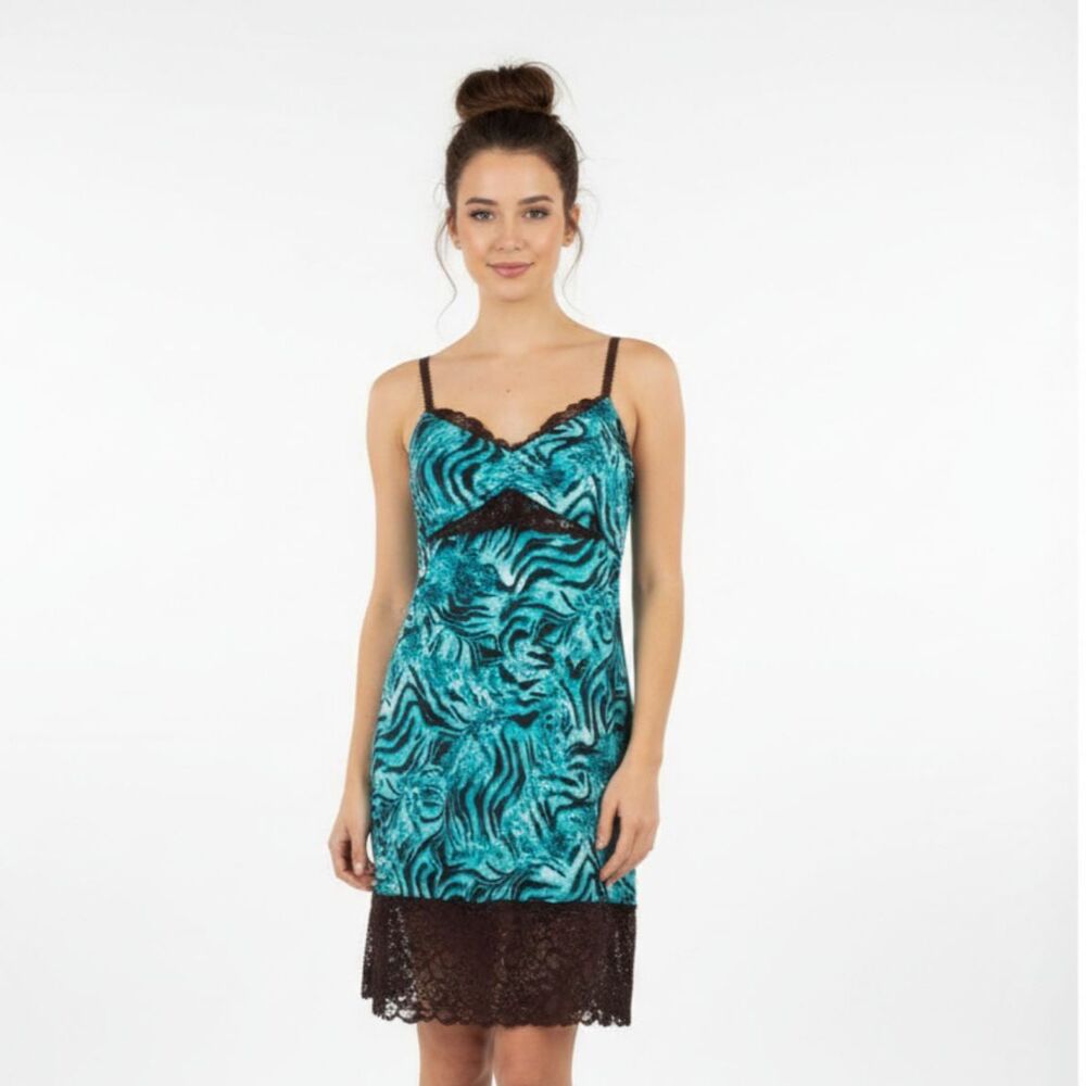 Josie‎ Natori Blue & Brown Print Sleeveless Slip Sleep Dress L